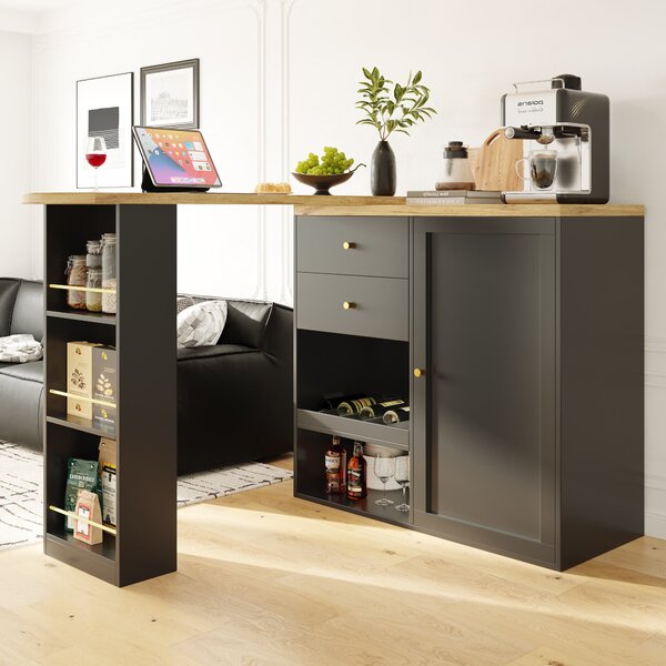 360° Swivelling Bar Table with Multi-Tiered Side Shelves, 2 Drawers, Storage Cabinet for Study, Living Room, 193L x 39W x 104H cm, Black Aosom.UK