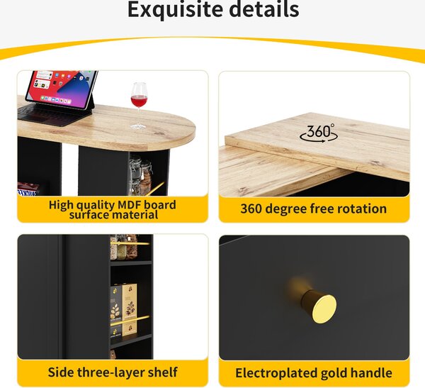360° Swivelling Bar Table with Multi-Tiered Side Shelves, 2 Drawers, Storage Cabinet for Study, Living Room, 193L x 39W x 104H cm, Black Aosom.UK