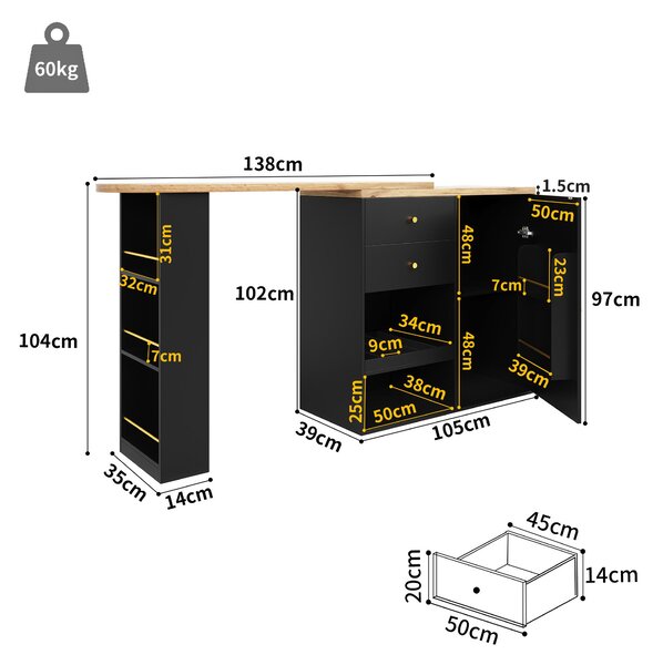 360° Swivelling Bar Table with Multi-Tiered Side Shelves, 2 Drawers, Storage Cabinet for Study, Living Room, 193L x 39W x 104H cm, Black Aosom.UK