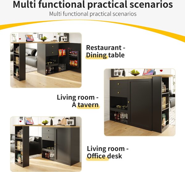 360° Swivelling Bar Table with Multi-Tiered Side Shelves, 2 Drawers, Storage Cabinet for Study, Living Room, 193L x 39W x 104H cm, Black Aosom.UK