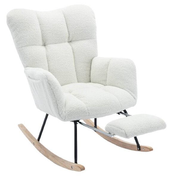 Upholstered Rocking Chair with Teddy Fabric, Pull-out Footrest, Ergonomic Backrest, Modern rocker for Reading, Relaxing, 80x70x95 cm, White Aosom.UK