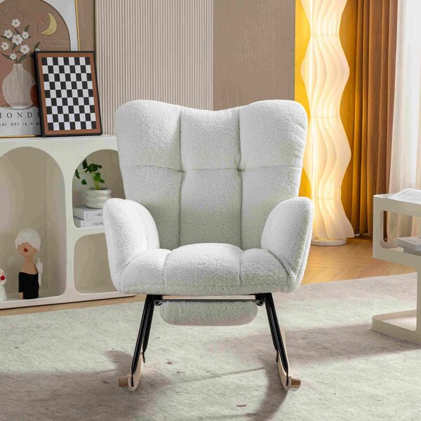 Upholstered Rocking Chair with Teddy Fabric, Pull-out Footrest, Ergonomic Backrest, Modern rocker for Reading, Relaxing, 80x70x95 cm, White Aosom.UK