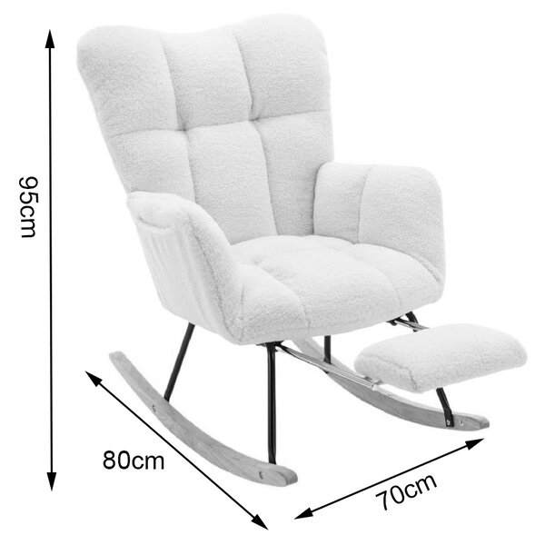 Upholstered Rocking Chair with Teddy Fabric, Pull-out Footrest, Ergonomic Backrest, Modern rocker for Reading, Relaxing, 80x70x95 cm, White Aosom.UK