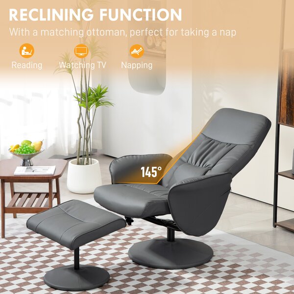 Swivel Recliner Chair with Footstool, HOMCOM PU Leather Armchair and Ottoman with High Back and Round Base for Living Room, Grey Aosom UK
