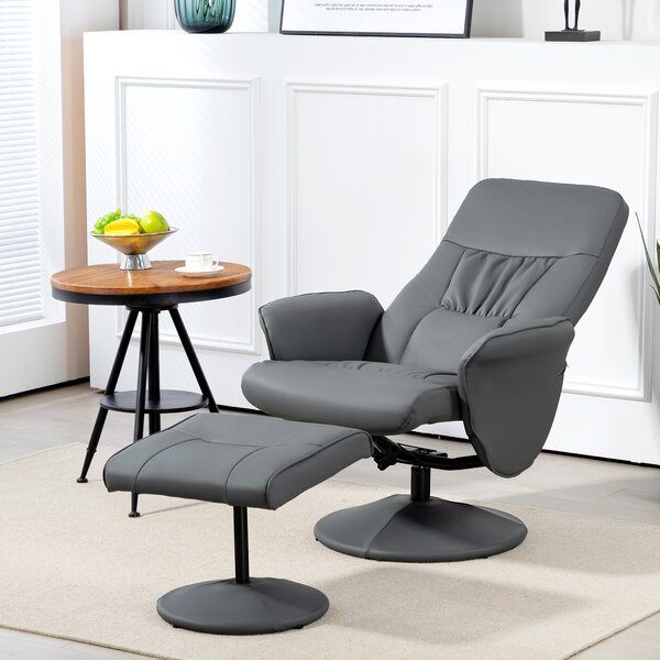 Swivel Recliner Chair with Footstool, HOMCOM PU Leather Armchair and Ottoman with High Back and Round Base for Living Room, Grey Aosom UK