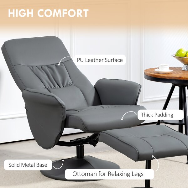 Swivel Recliner Chair with Footstool, HOMCOM PU Leather Armchair and Ottoman with High Back and Round Base for Living Room, Grey Aosom UK