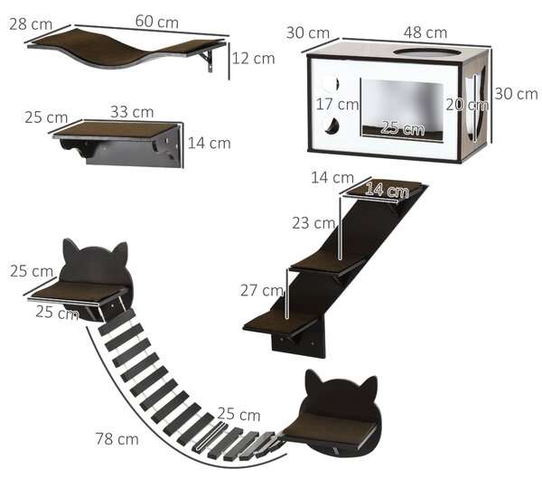 PawHut 5 Pieces Cat Wall Shelves with Curved Platform, Cat Condo, Bridge, Stairs, and Perch, Wall Mounted Cat Tree for Indoor Use, Brown