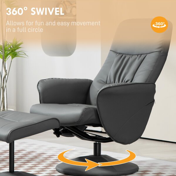 Swivel Recliner Chair with Footstool, HOMCOM PU Leather Armchair and Ottoman with High Back and Round Base for Living Room, Grey Aosom UK