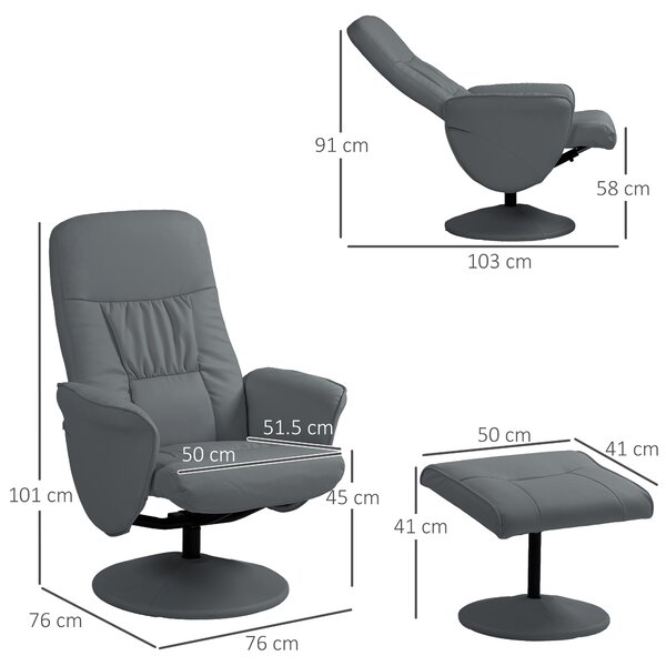Swivel Recliner Chair with Footstool, HOMCOM PU Leather Armchair and Ottoman with High Back and Round Base for Living Room, Grey Aosom UK