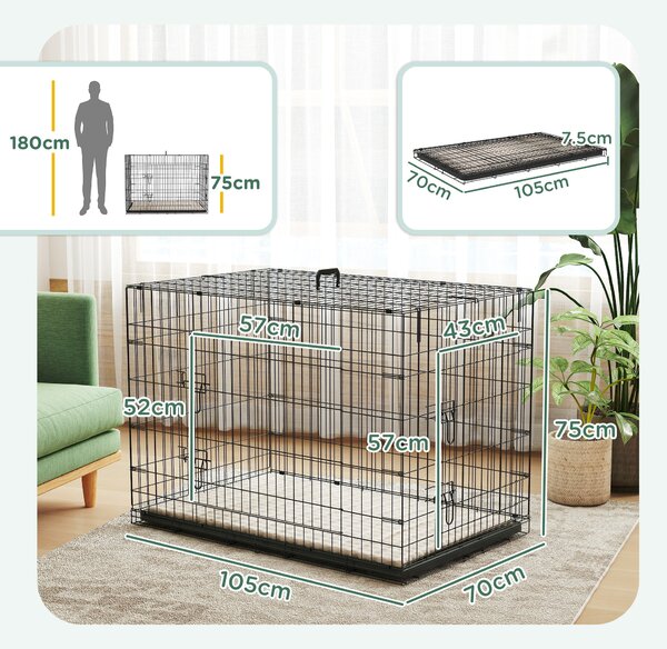 PawHut Dog Crate with 2 Doors with Tray, Soft Cushion, Foldable Metal Dog Cage for Extra and Large Dogs, 105 x 70 x 75, Black