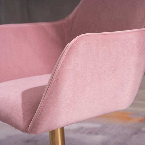 Velvet Swivel Vanity Chair with Adjustable Height, Ergonomic Back, Gold Legs, Comfy Desk Chair with Arms, 58x58x86 cm, Pink Aosom UK
