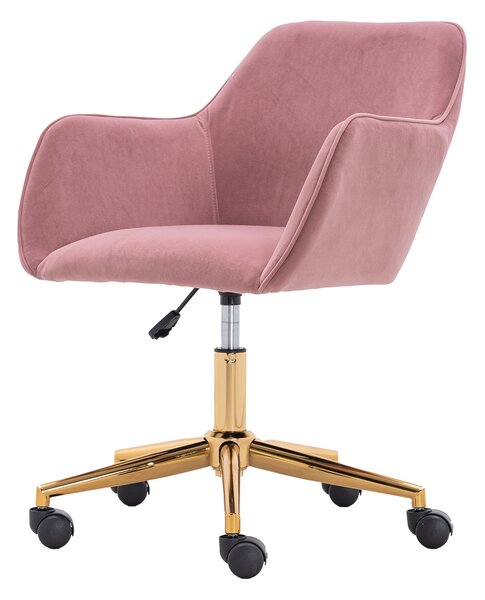 Velvet Swivel Vanity Chair with Adjustable Height, Ergonomic Back, Gold Legs, Comfy Desk Chair with Arms, 58x58x86 cm, Pink Aosom UK