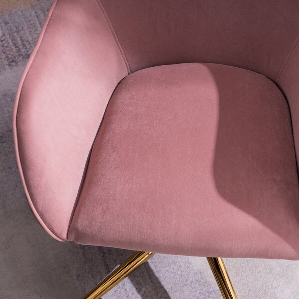 Velvet Swivel Vanity Chair with Adjustable Height, Ergonomic Back, Gold Legs, Comfy Desk Chair with Arms, 58x58x86 cm, Pink Aosom UK