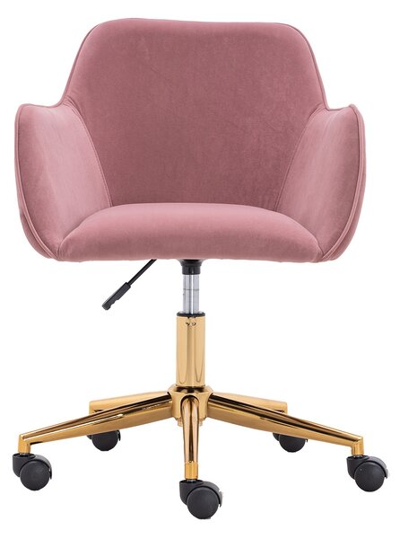 Velvet Swivel Vanity Chair with Adjustable Height, Ergonomic Back, Gold Legs, Comfy Desk Chair with Arms, 58x58x86 cm, Pink Aosom UK