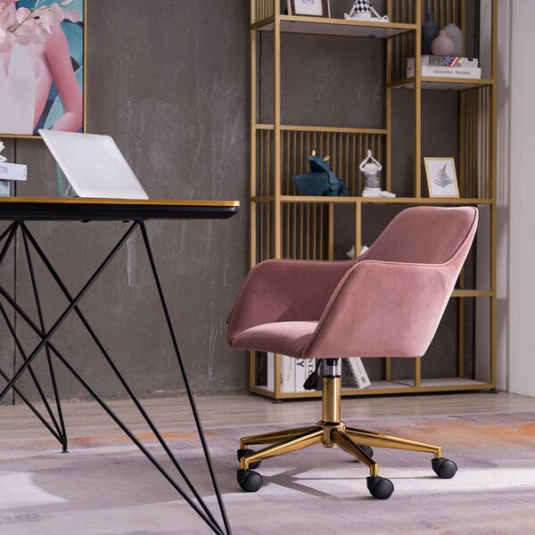 Velvet Swivel Vanity Chair with Adjustable Height, Ergonomic Back, Gold Legs, Comfy Desk Chair with Arms, 58x58x86 cm, Pink Aosom UK
