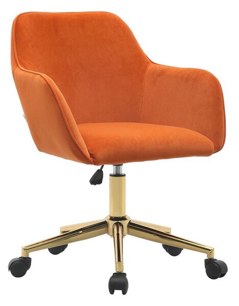 Velvet Swivel Desk Chair with Adjustable Height, Ergonomic Back, Gold Legs, Accent Task Chair with Arms, 58x58x86 cm, Orange Aosom UK
