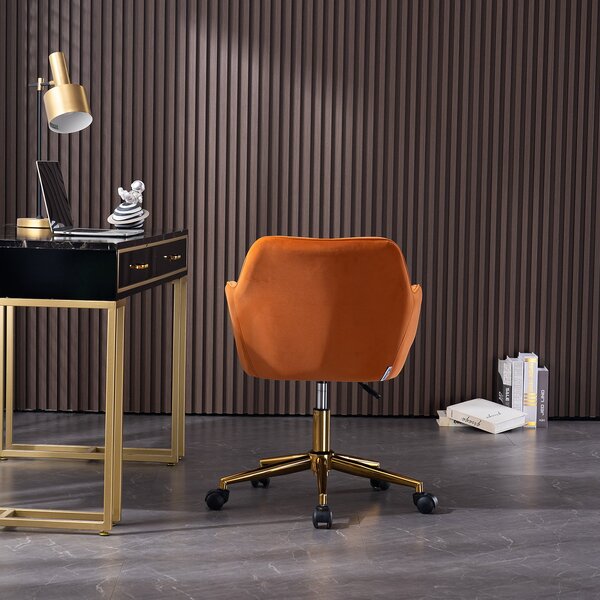 Velvet Swivel Desk Chair with Adjustable Height, Ergonomic Back, Gold Legs, Accent Task Chair with Arms, 58x58x86 cm, Orange Aosom UK