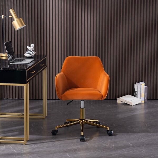 Velvet Swivel Desk Chair with Adjustable Height, Ergonomic Back, Gold Legs, Accent Task Chair with Arms, 58x58x86 cm, Orange Aosom UK