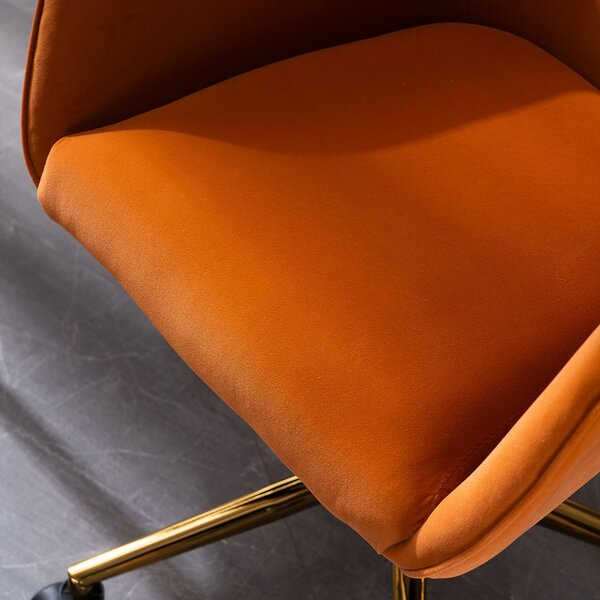 Velvet Swivel Desk Chair with Adjustable Height, Ergonomic Back, Gold Legs, Accent Task Chair with Arms, 58x58x86 cm, Orange Aosom UK