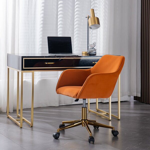 Velvet Swivel Desk Chair with Adjustable Height, Ergonomic Back, Gold Legs, Accent Task Chair with Arms, 58x58x86 cm, Orange Aosom UK