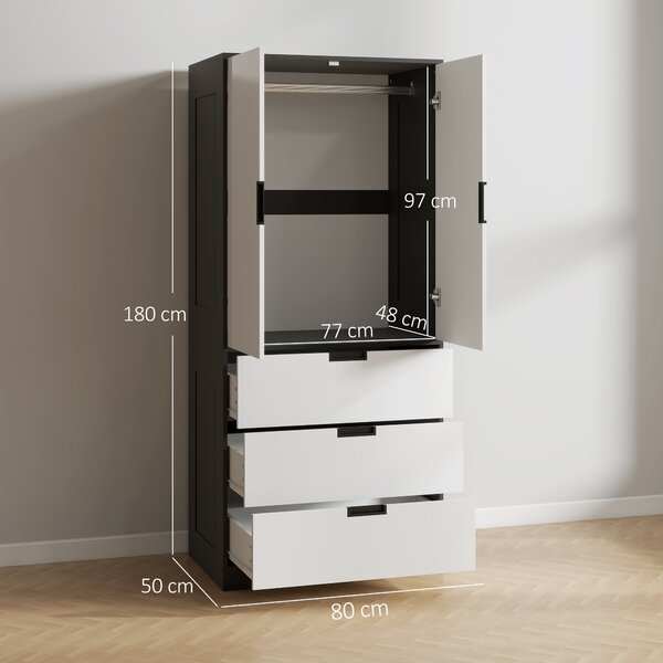 HOMCOM 2 Door Wardrobe, Modern Wardrobe with 3 Drawers and Hanging Rod for Bedroom, High Gloss White