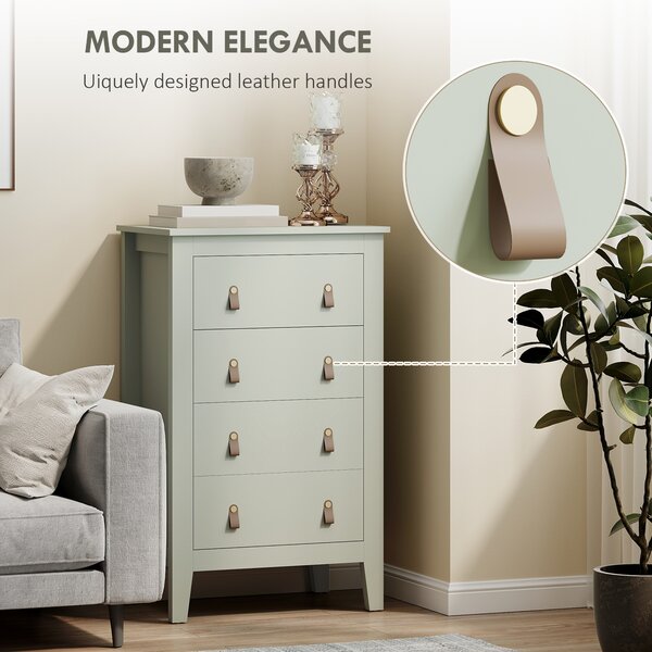 HOMCOM Bedroom Chest of Drawers, Modern 4 Drawer Dresser Cabinet with PU Leather Handles and Metal Runners for Living Room, Hallway, Entryway, Green