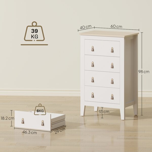 HOMCOM Bedroom Chest of Drawers, Modern 4 Drawer Dresser Cabinet with PU Leather Handles and Metal Runners for Living Room, Hallway, Entryway, White