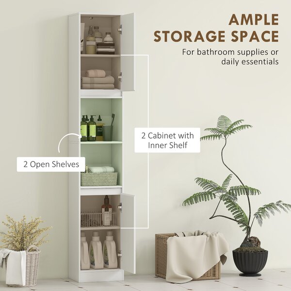 HOMCOM Narrow Bathroom Cabinet, Slim Bathroom Storage Unit with Open Compartment, Freestanding Storage Cupboard with Adjustable Shelves for Small Spaces, 30 x 24 x 170 cm, White