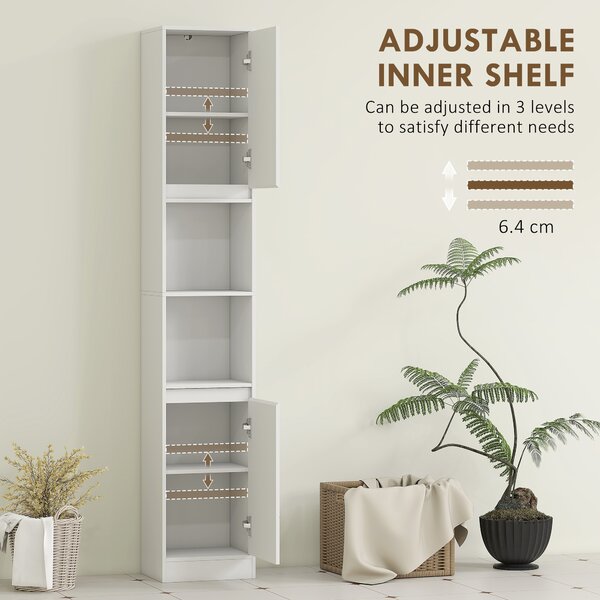 HOMCOM Narrow Bathroom Cabinet, Slim Bathroom Storage Unit with Open Compartment, Freestanding Storage Cupboard with Adjustable Shelves for Small Spaces, 30 x 24 x 170 cm, White
