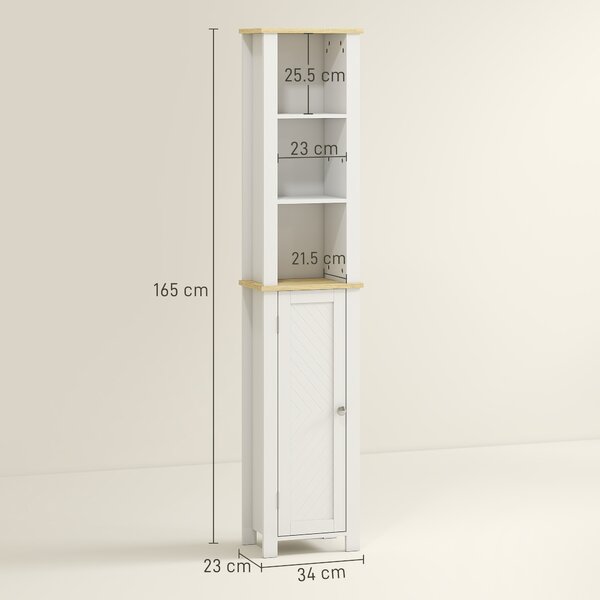 Kleankin Slim Bathroom Storage Unit with Open Compartment, Bathroom Storage Cabinet with Adjustable Shelf, 34 x 23 x 165 cm, White