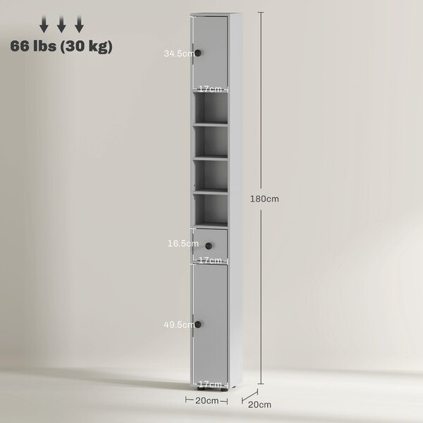 Kleankin 180cm Slim Bathroom Cabinet, with Drawer, Shelves and Cupboards - Grey