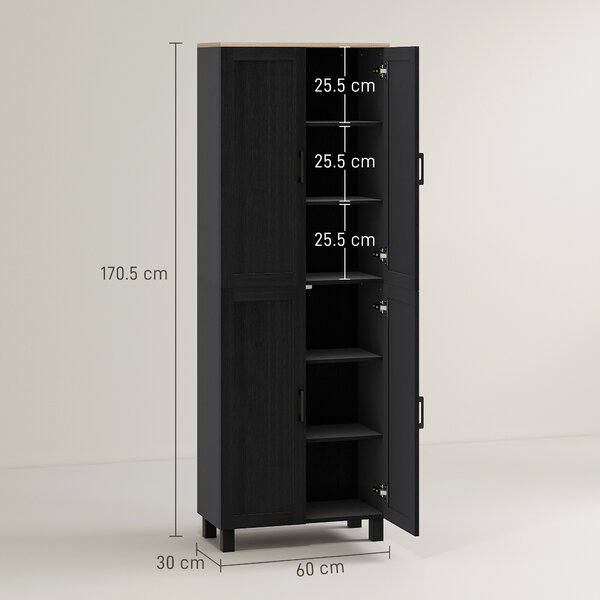 HOMCOM Freestanding Kitchen Cupboard, 4-Door Storage Cabinet with Adjustable Shelves, Modern Kitchen Pantry for Dining Room, 170cm, Black
