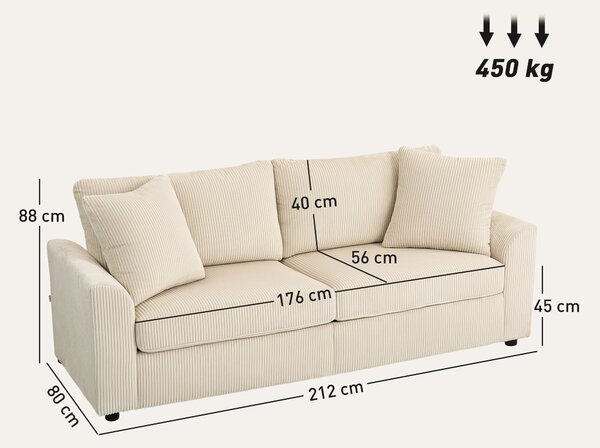 HOMCOM Modern 3 Seater Sofa with Spring Cushion, 212 cm Fabric Jumbo Cord Sofa Couch with 2 Scatter Cushions, Upholstered Corduroy Settee for Living Room, Bedroom, Home Office, Cream White