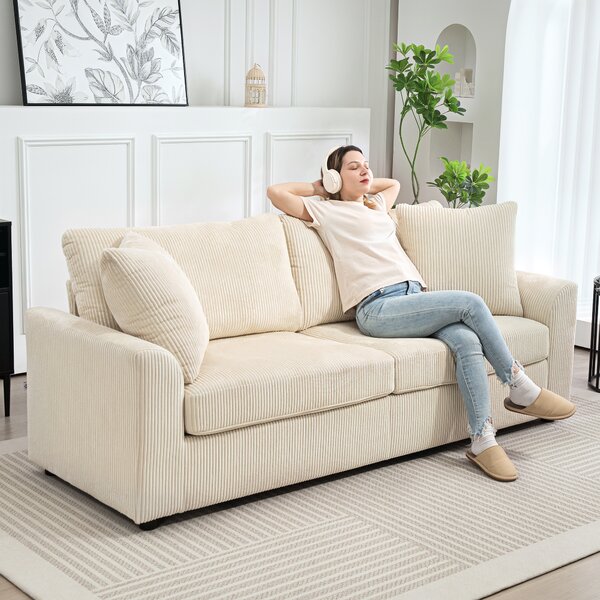 HOMCOM Modern 3 Seater Sofa with Spring Cushion, 212 cm Fabric Jumbo Cord Sofa Couch with 2 Scatter Cushions, Upholstered Corduroy Settee for Living Room, Bedroom, Home Office, Cream White