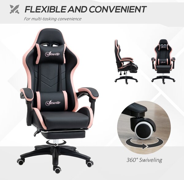 Vinsetto Computer Gaming Chair, PU Leather Desk Chair with Footrest, Swivel Task Chair with 135° Reclining Back and Lumbar Support, PC Chair for Adults, Black and Pink