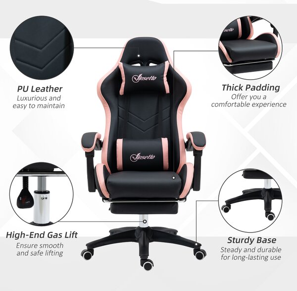 Vinsetto Computer Gaming Chair, PU Leather Desk Chair with Footrest, Swivel Task Chair with 135° Reclining Back and Lumbar Support, PC Chair for Adults, Black and Pink