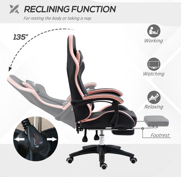 Vinsetto Computer Gaming Chair, PU Leather Desk Chair with Footrest, Swivel Task Chair with 135° Reclining Back and Lumbar Support, PC Chair for Adults, Black and Pink