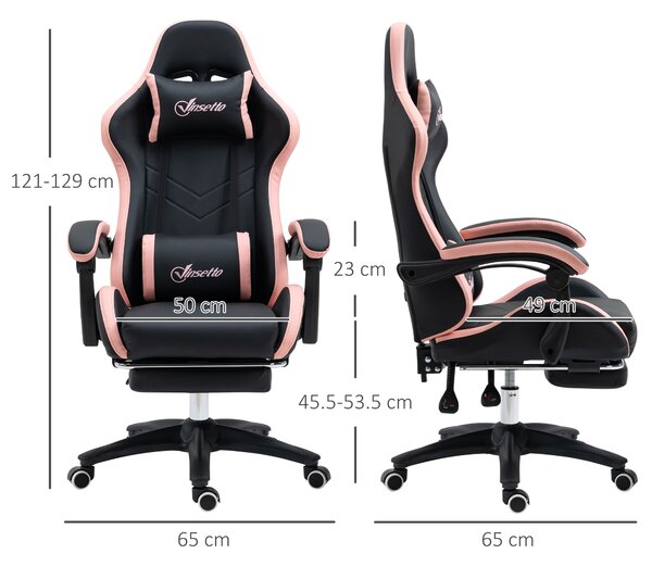 Vinsetto Computer Gaming Chair, PU Leather Desk Chair with Footrest, Swivel Task Chair with 135° Reclining Back and Lumbar Support, PC Chair for Adults, Black and Pink