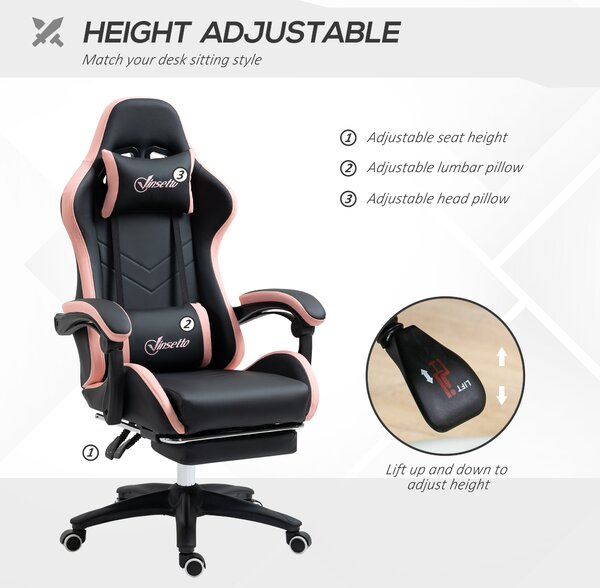 Vinsetto Computer Gaming Chair, PU Leather Desk Chair with Footrest, Swivel Task Chair with 135° Reclining Back and Lumbar Support, PC Chair for Adults, Black and Pink