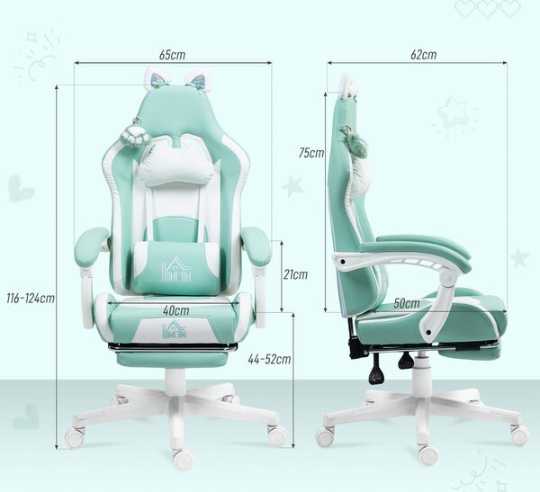 HOMCOM Cat Ear and Paw Reclining Office Chair, with Footrest - Light Blue/White