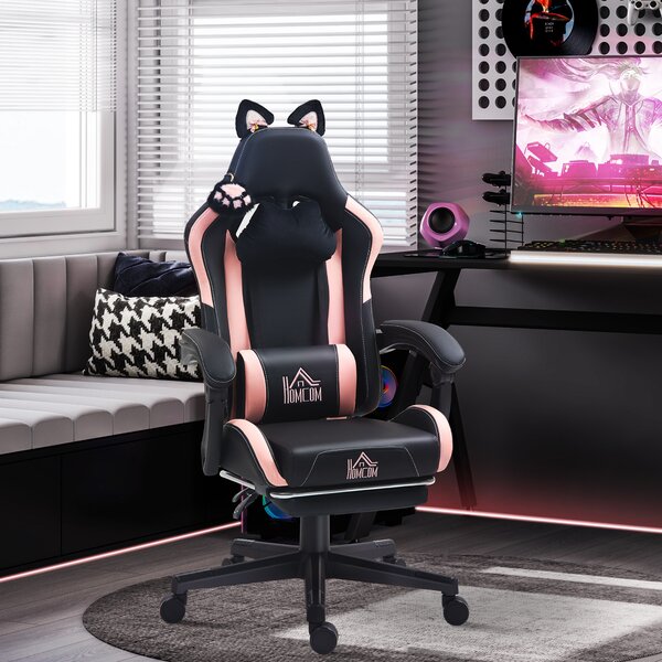 HOMCOM Cat Ear and Paw Reclining Office Chair, with Footrest - Black/Pink