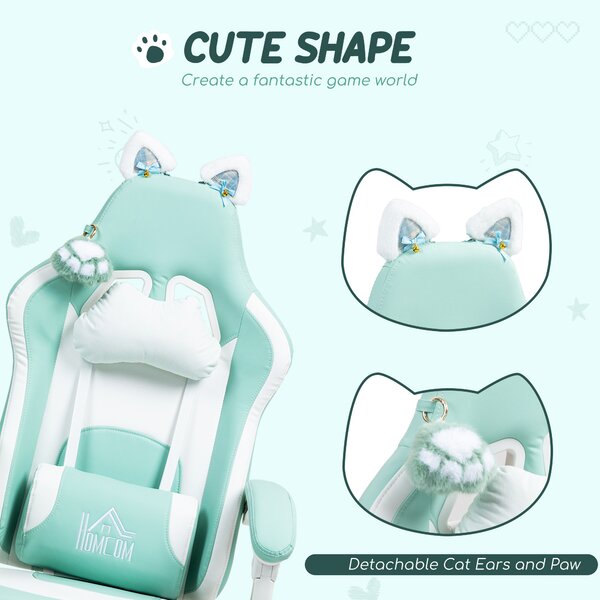 HOMCOM Cat Ear and Paw Reclining Office Chair, with Footrest - Light Blue/White