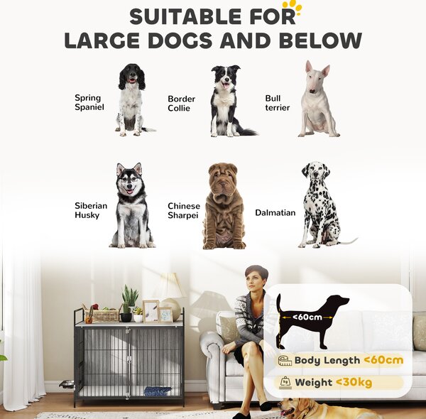 PawHut Large Dog Crate Furniture with Rotating Bowl Holder, 2 Bowls, 2 Doors, for Large Dogs, 100 x 60 x 88 cm, Grey