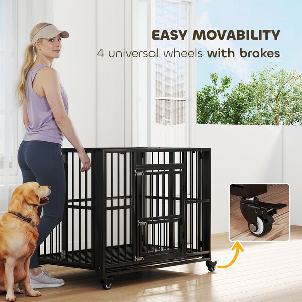 PawHut Durable Dog Crate, 43" Foldable Cage, Top Opening, Lockable, Removable Tray, Wheels, Black Aosom UK