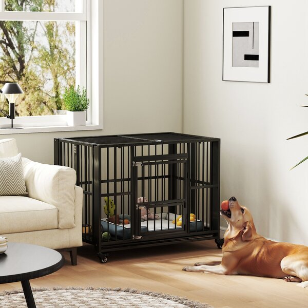 PawHut Durable Dog Crate, 43" Foldable Cage, Top Opening, Lockable, Removable Tray, Wheels, Black Aosom UK