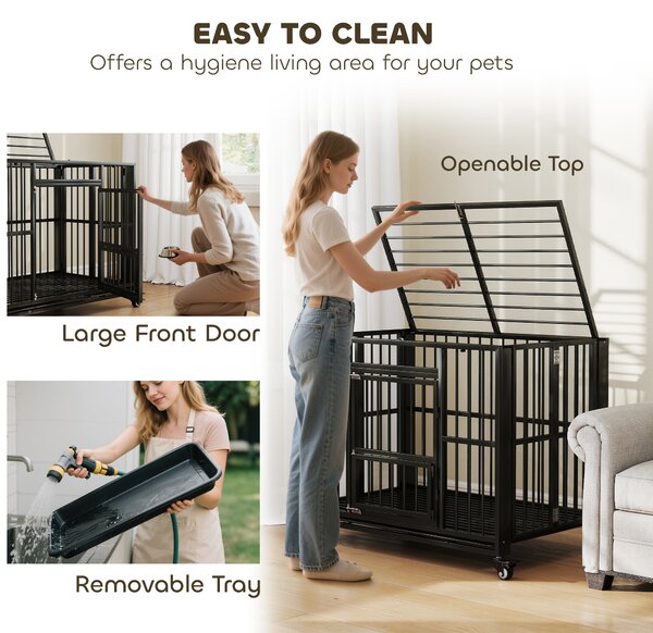PawHut Durable Dog Crate, 43" Foldable Cage, Top Opening, Lockable, Removable Tray, Wheels, Black Aosom UK