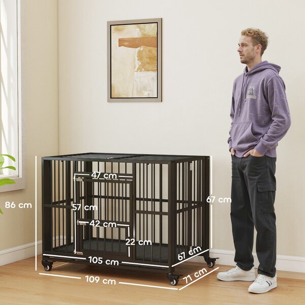 PawHut Durable Dog Crate, 43" Foldable Cage, Top Opening, Lockable, Removable Tray, Wheels, Black Aosom UK