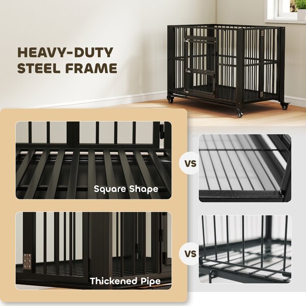 PawHut Durable Dog Crate, 43" Foldable Cage, Top Opening, Lockable, Removable Tray, Wheels, Black Aosom UK