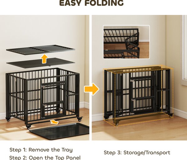 PawHut Durable Dog Crate, 43" Foldable Cage, Top Opening, Lockable, Removable Tray, Wheels, Black Aosom UK