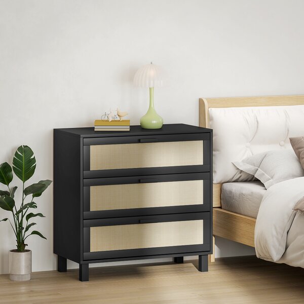 HOMCOM Rattan Bedroom Chest of Drawers, 3 Drawers Storage Unit, Boho Dresser for Living Room, Hallway, Black